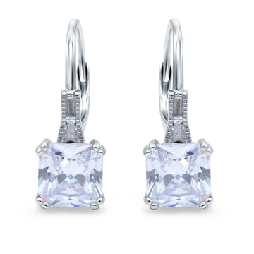 Cushion Cut Dangling Leverback Wedding Earrings Simulated Cubic Zirconia 925 Sterling Silver (15mm)